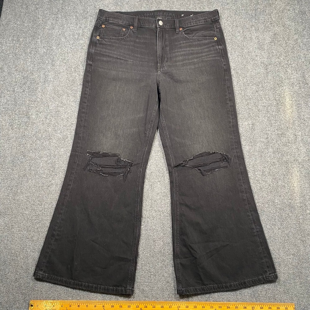 American Eagle Womens Low Rise Baggy Flare Jeans Black Flare Distressed Size 12